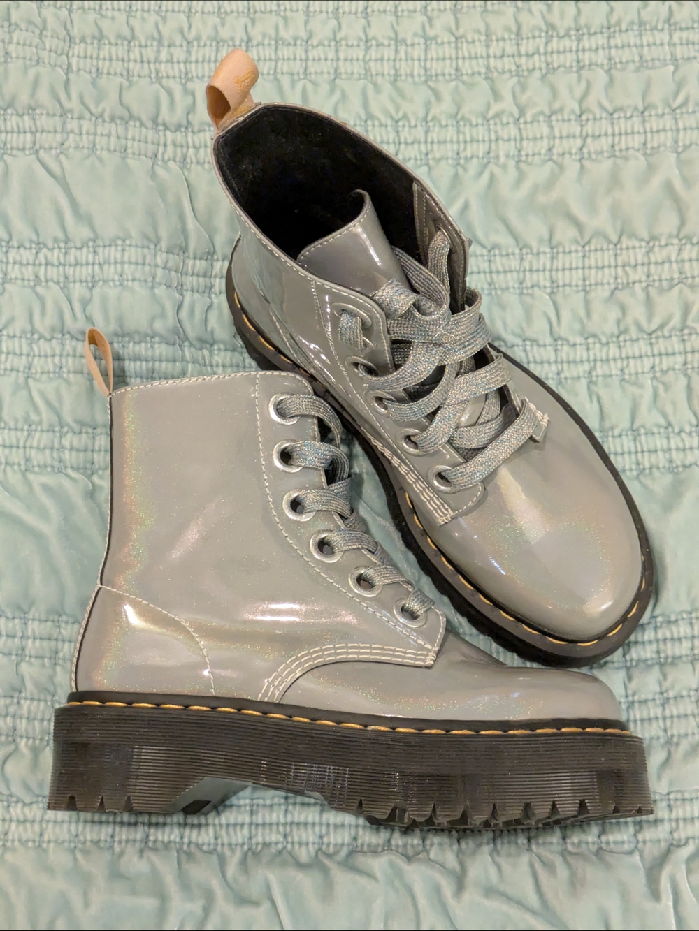 Dr. Martens Holographic Gray Vegan Molly Platform Combat Boots